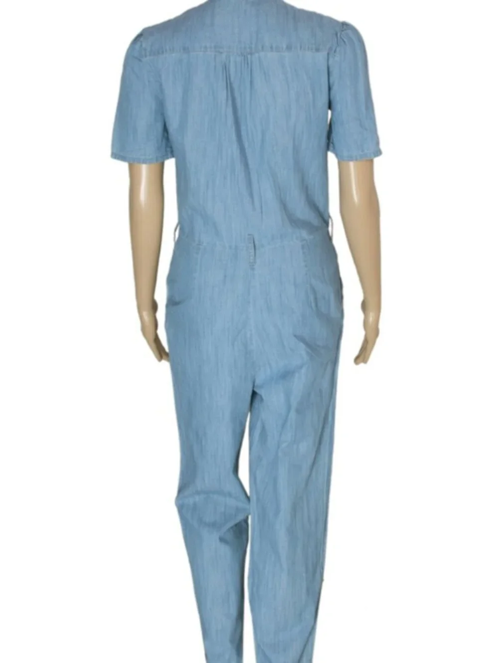 Cyrillus Chambray Jumpsuit Blue Button Short Sleeve Pocket Straight Leg XS 34